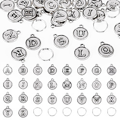 Античное Серебро & Серебро Наборы для изготовления бегунков для молний своими руками, включая 1 сумку в тибетском стиле из цинкового сплава 26 плоские круглые подвески с буквами, 26шт 304 разъемные кольца из нержавеющей стали, старинное серебро и серебро, 15.5x12.5x1.8 мм, отверстие : 1.6 мм