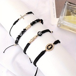 Черный 4 шт. 4 стили звенья из золотого сплава и смоляные бусины плетеные браслеты из бисера и стеклянные бусины эластичные браслеты, овал с девственным узором, крестом и дурным глазом, чёрные, 7~11 дюйм (17.78~27.94 см), 1 шт / стиль