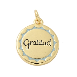 Светло-Синий Латунь эмаль подвески, с целью перехода в кольце, стойки покрытие, без кадмия и без свинца, долговечный, реальный 18 k позолоченный, плоский круг со словом gratitud, голубой, 20.5x15x2 мм, отверстие : 3 мм