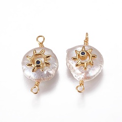 Морской Синий Соединители звеньев натурального жемчуга, с кубического циркония и латуни выводов, плоские круглые с солнцем, золотые, Marine Blue, 19~26x10~12x6~9 мм, отверстие : 1.6 мм