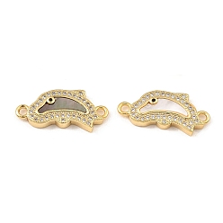 Real 18K Gold Plated Rack Plating Brass Micro Pave Clear Cubic Zirconia Connector Charms, Dolphin Links with Freshwater Shell, Long-Lasting Plated, Lead Free & Cadmium Free, Real 18K Gold Plated, 10x22x3mm, Hole: 1.8mm
