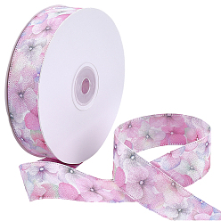 Pearl Pink 1Roll Single Face Printed Polyester Satin Ribbon, Flower Pattern, for Gift Packaging, Pearl Pink, 1 inch(25mm), about 20.00 Yards(18.29m)/Set