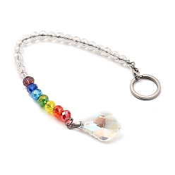 Colorful Chakra Leaf Crystal Suncatcher Dowsing Pendulum Pendants, with 304 Stainless Steel Split Key Rings, Glass Beads, Velvet Bag, Stainless Steel Color, Colorful, 23.5cm