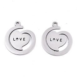 Нержавеющая Сталь Цвет Не тускнеющие подвески ко дню святого валентина 201 из нержавеющей стали, лазерная резка, сердце со словом "love", цвет нержавеющей стали, 19.5x17x0.9 мм, отверстие : 1.6 мм