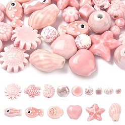 Pink 30Pcs 15 Styles Handmade Porcelain Beads, Bright Glazed Porcelain Style, Pink, 6~22x6~22x5.5~14mm, Hole: 1.5~4mm, 2pcs/style 