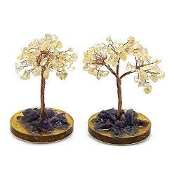 Смешанные камни Украшения для витрин из натурального желтого кварца и аметиста пахиры глабра, с основанием и медной проволокой, фен-шуй энергетический камень подарок для домашнего офиса украшение рабочего стола, 60~61x88~93 мм