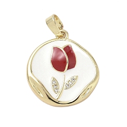 Белый Латунные микро проложить кубического циркония подвески, плоские круглые с цветком, с эмалью, стойки покрытие, долговечный, без свинца и без кадмия, реальный 18 k позолоченный, белые, 20.5x18.5x3.8 мм, отверстие : 4.8x2.7 мм