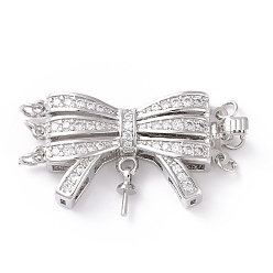 Платина 3-прядные 6-отверстия из латуни микропаве прозрачные застежки-боксы из циркония, многожильные застежки, со штифтом для наполовину просверленных бусин, бантом, платина, 28.5x16x5.5 мм, отверстие : 2.6 мм, штифты : 0.8 мм