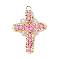 Pink Подвески-кресты из стеклянного бисера, со стеклянными и 304 нержавеющими кольцами для прыжков, реальный 18 k позолоченный, розовые, 32.5x26x4.5 мм, отверстие : 3 мм