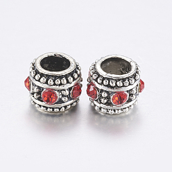 Light Siam Alloy Rhinestone Beads, Large Hole Beads, Column, Antique Silver, Light Siam, 10x8.5mm, Hole: 5.5mm