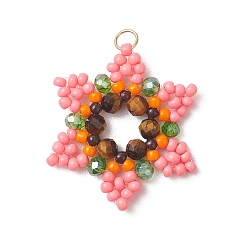 Pink Стеклянные подвески из бисера, , с тигровым глазом, стеклом и 304 нержавеющей сталью, граненые, розовые, 27.5x24x3.5 мм, Перейти кольцо: 4x0.5 мм, внутренний диаметр: 2.8 мм