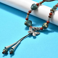 Кадет Синий Этнический стиль сплав и фарфор керамические бусины бабочка кулон кисточка и ожерелья, регулируемые вощеные ожерелья, кадетский синий, 22.05 дюйм (56 см) ~ 36.61 дюйм (93 см), Кулон : 95x28.5 мм