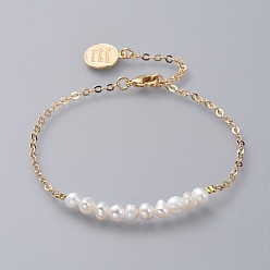 Chapado en Oro Real 18K Pulseras de cuentas, con cadenas de cable de perlas naturales y latón, blanco, real 18 k chapado en oro, 9 pulgada (23 cm)