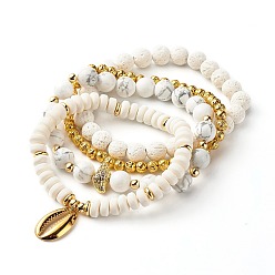 Говлит Набор браслетов с подвеской из кубического циркония в форме ракушки для девочек-подростков, браслеты из натуральной лавы, полимерной глины и бусин из натурального говлита, золотые, внутренний диаметр: 2-5/8~3-1/8 дюйм (6.6~7.8 см), 4 шт / комплект