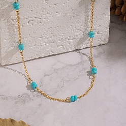 Бирюза Минималистичные колье из натуральных камней в форме ронделей, украшенные бусинами и цепочками из нержавеющей стали., реальный 304 k позолоченный, бирюзовые, 18 дюйм (15.35 см), удлинитель 39мм