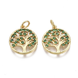 Зеленый Латунные микро проложить кубического циркония подвески, с целью перехода в кольце, плоские круглые с дерева жизни, без никеля , реальный 18 k позолоченный, зелёные, 18x15.5x2.5 мм, отверстие : 3 мм