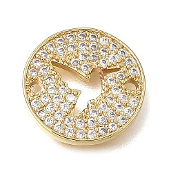 Oro Dijes de conector de zirconia cúbica transparente con micro pavé de latón, plano redondo con enlace de paloma, chapado en rack, larga duración plateado, sin plomo y cadmio, dorado, 14x2 mm, agujero: 1.2 mm