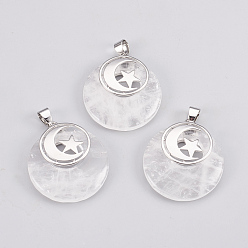 Хрусталь Природного кварца хрустальных подвесок, с латунной фурнитурой платинового цвета, плоские круглые с Луны и звезды, 32x28x7 мм, отверстие : 4x5 мм