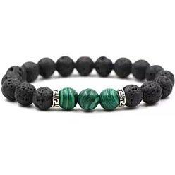 Malachite 8MM Round Synthetic Malachite and Natural Lava Rock Beaded Stretch Bracelets for Couples, 7.48 inch(19cm)