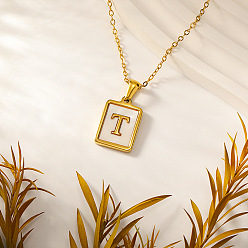 Letter T Прямоугольник 304 ожерелья с инициалами из нержавеющей стали с натуральным белым ракушечником для женщин, реальный 18 k позолоченный, Письмо T, 15.75 дюйм (40 см)