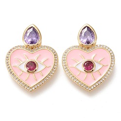 Золотой Латунные микро проложить кубического циркония подвески, с эмалью, долговечный, сердце, слеза и глаз, розовые, золотые, 27x20.5x4.5 мм, отверстие : 7x1 мм