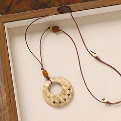 Ring Coconut Shell & Wood Flower Oval Flat Round Pendant Necklaces for Women, Floral White, Ring, 31.50 inch(80cm), Pendant: 70x50mm
