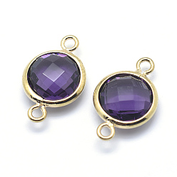 Purple Brass Links connectors, with Faceted Glass, Flat Round, Lead Free & Cadmium Free, Golden, Purple, 14x9x3.5mm, Hole: 1mm