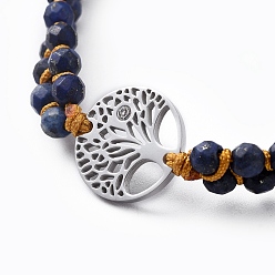 Lapis Lazuli Adjustable Nylon Thread Braided Beads Bracelets, with Natural Lapis Lazuli(Dyed) Beads and 316 Surgical Stainless Steel Micro Pave Cubic Zirconia Links, Flat Round with Tree of Life, 7-1/2 inch~13-3/8 inch(19~34cm)