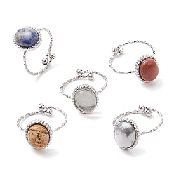 Нержавеющая Сталь Цвет Овальные кольца из натуральных и синтетических драгоценных камней, 304 открытые манжеты из нержавеющей стали для женщин, цвет нержавеющей стали, регулируемый: овальный: 12.5x10.5мм