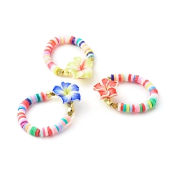 Couleur Mélangete Anneaux extensibles faits à la main en pâte polymère heishi, avec des non-magnétiques perles synthétiques d'hématite, fleur, couleur mixte, taille us 7 3/4 (17.9 mm), 3.5mm