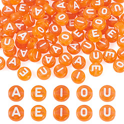 Оранжевый 100 шт 5 стили прозрачные акриловые бусины, плоский круглый с буквой aeiou, оранжевые, 7x3.5 мм, отверстие : 1.6 мм, 20 шт / стиль