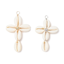 Платиновый & Золотой 2шт 2 цвета натуральные бусины из ракушек каури крест подвески, с медными ювелирными проволочными петлями, белые, платиной и золотом, 46~52x28~31x7.5 мм, отверстие : 3.5~4 мм, 1 шт / цвет