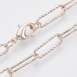 Rose Gold Brass Textured Paperclip Chain Necklace Making, with Lobster Claw Clasps, Rose Gold, 19.68 inch(50cm), Link: 14.5x4.5x1mm