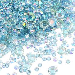 Sky Blue Electroplated Transparent Flat Back Resin Rhinestone Cabochons, Round Crystal Gems, AB Color, Faceted, Sky Blue, 1.8~6x0.5~2.3mm
