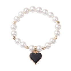 Сердце Браслеты с подвесками из латуни с черной эмалью, 8 Эластичные браслеты из круглого жемчуга и бисера мм для женщин, сердце, внутренний диаметр: 1-7/8 дюйм (4.8 см)