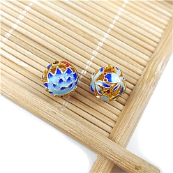 Светло-Голубой Латунь эмаль бисера, полый круглый, золотые, Небесно-голубой, 10 мм, отверстие : 1 мм