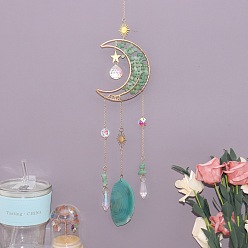 Зеленый Авантюрин Ловец солнца в форме луны, обмотанный медной проволокой из натуральных зеленых кусочков авантюрина., Декоративное украшение для окна из стекла и среза агата для дома., 580x38x8 мм