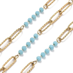 Светло-Голубой 304 цепи из нержавеющей стали, ионное покрытие (ip), со стеклянными бусинами, реальный 18 k позолоченный, пайки, с катушкой, Небесно-голубой, 12x4x1 мм, около 32.81 футов (10 м) / рулон