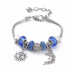 Blau Messing europäische Armbänder, mit Fimo-Perlen Strass, Glasperlen europäischen, Legierung europäische Perlen und Anhänger, Sonne & Mond, Blau, 8-1/8 Zoll (20.5 cm)