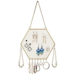 Golden Iron Grid Shape Wall Mount Earring Display, Hanging Jewelry Organizer, for Earrings & Necklaces & Bracelets, Hexagon, Golden, 39.5cm, Hexagon: about 26.5x30x0.4cm