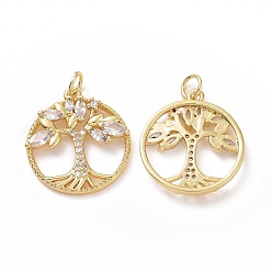 Golden Brass Cubic Zirconia Pendants, Flat Round with Tree of Life Charm, with Jump Ring, Golden, 21.5x19x3mm, Hole: 3.5mm