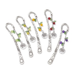 Смешанные камни Закладки из смешанного натурального окрашенного белого нефрита/окрашенного малайзийского нефрита/лимонного нефрита с листьями и древом жизни, закладка из сплава с крючком в тибетском стиле, 122x22x2 мм