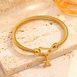 Морская звезда 304 Браслеты из нержавеющей стали с витым кабелем, шарм браслеты, для женщин, с крюком застежка, реальный 18 k позолоченный, морская звезда, внутренний диаметр: 2.32 дюйм (5.9 см)
