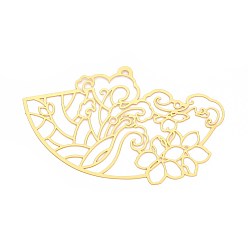 Настоящее золото 18K Латунные большие кулоны, вентилятор, гравированные металлические украшения, долговечный, без никеля , реальный 18 k позолоченный, 44x69.5x0.2 мм, отверстие : 1.5~1.6 мм