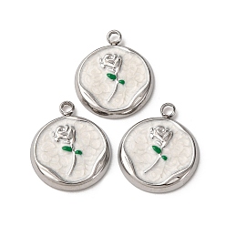 Нержавеющая Сталь Цвет 304 нержавеющей стальной эмали подвески, плоская круглая с подвеской в виде цветка, цвет нержавеющей стали, 17.5x15x2.5 мм, отверстие : 1.8 мм