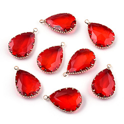 Red K9 Glass Pendants, with Golden Tone Brass Findings, Faceted, Drop, Red, 29~30x19x6~8.5mm, Hole: 2mm