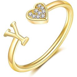 Letter Y Регулируемые латунные кольца из манжеты из горного хрусталя, письмо и сердце, золотые, Письмо Y, внутренний диаметр: 15~20 мм