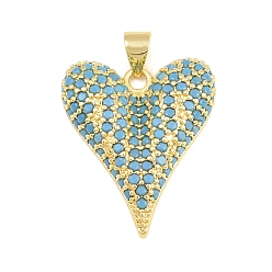Real 18K Gold Plated Brass Micro Pave Sky Blue Cubic Zirconia Pendants, Heart Charms, Real 18K Gold Plated, 24x20x5mm, Hole: 4mm
