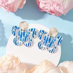 Озёрно--синий Серьги-гвоздики с подвесками из акрила и бабочки с латунным принтом, с железными ушными гайками, золотые, Плут синий, 36.5x33.5 мм