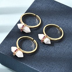 Howlite Brass Micro Pave Cubic Zirconia Cuff Open Rings for Women, Bullet, with Natural Howlite, Rack Plating, Long-Lasting Plated, Lead Free & Cadmium Free, Real 18K Gold Plated, US Size 7 1/4(17.5mm)